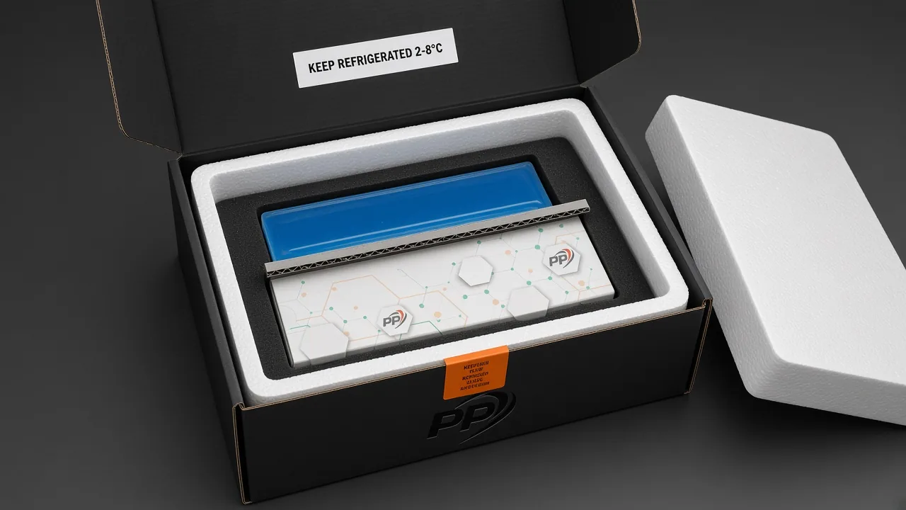 Open matte-black insulated box showing gel pack and protective lining